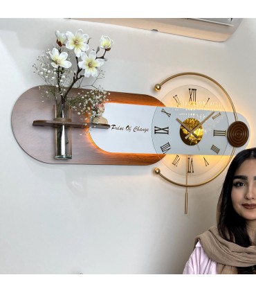 ساعت دیواری چوبی با شلف و گلدان طرح آتوسا